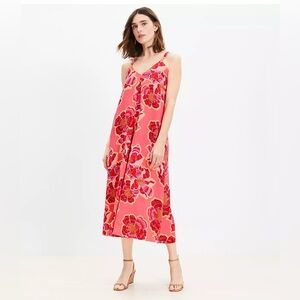 NWT LOFT linen blend Red and Pink Floral Dress size 0P